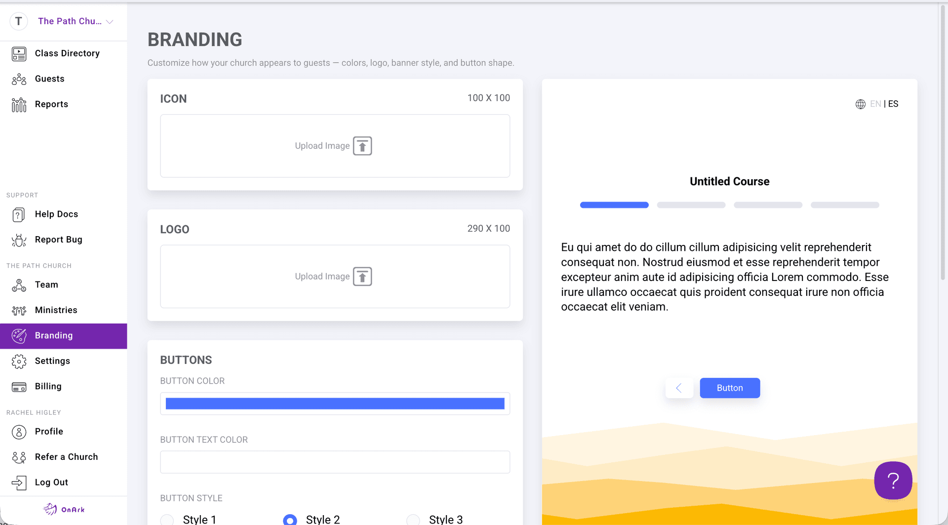 OnArk admin: branding settings panel with a live class preview pane on the right